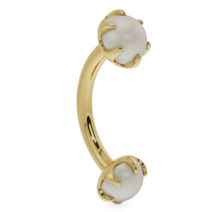 14k yellow gold pearl curved barbell, side profile showing prong settings on both ends