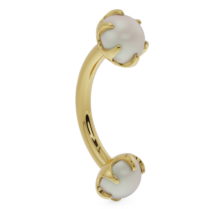 14k yellow gold pearl curved barbell, side profile showing prong settings on both ends