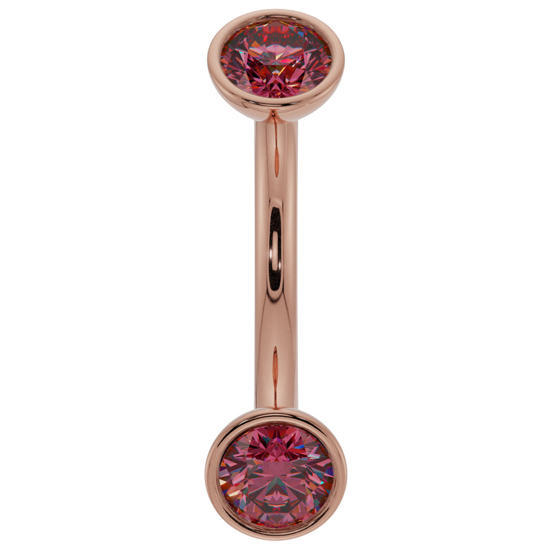 14k rose gold ruby bezel curved barbell with dual round rubies, front view