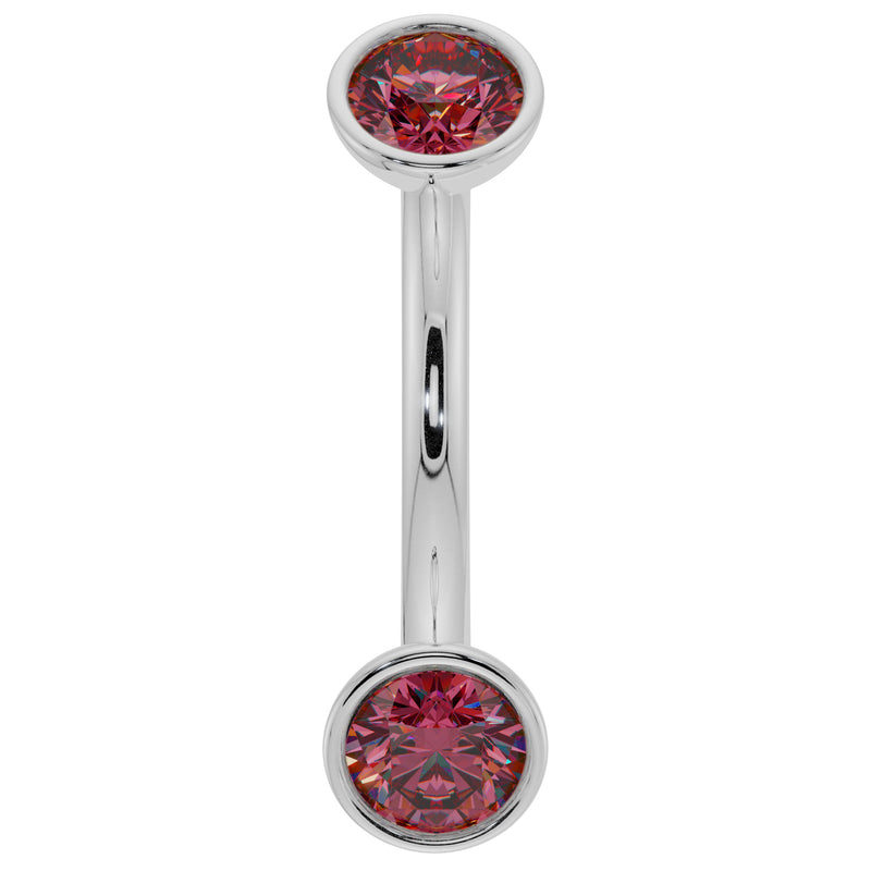 14k white gold ruby bezel curved barbell with dual round rubies, front view