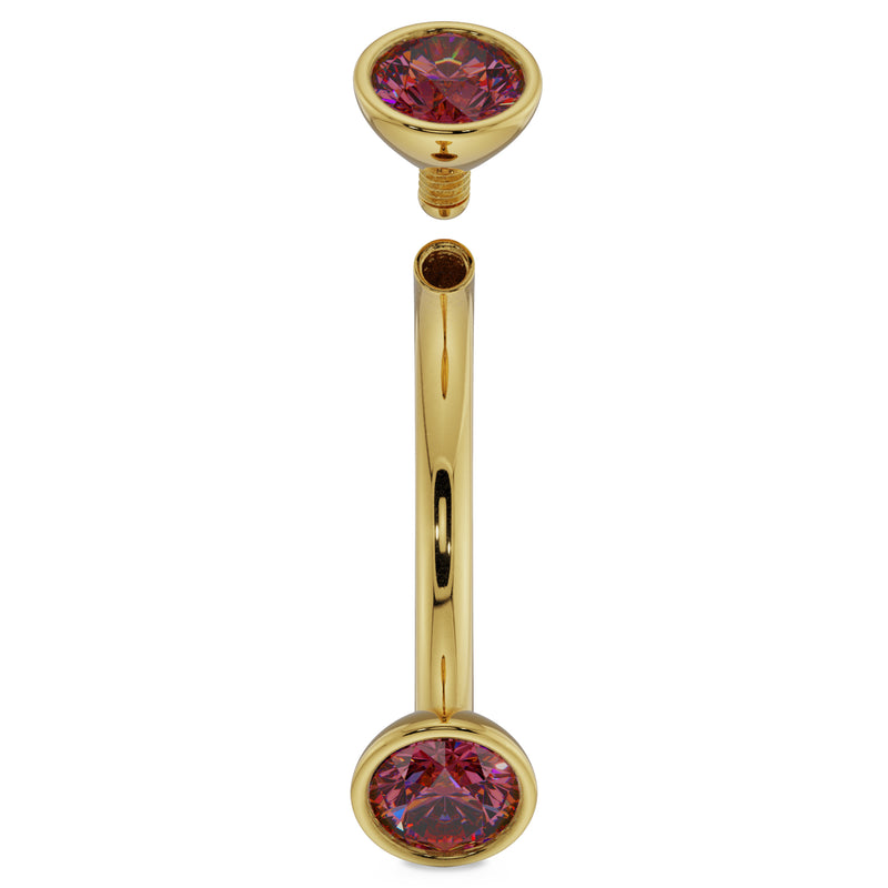 14k yellow gold ruby curved barbell disassembled showing internal threading and screw-off end
