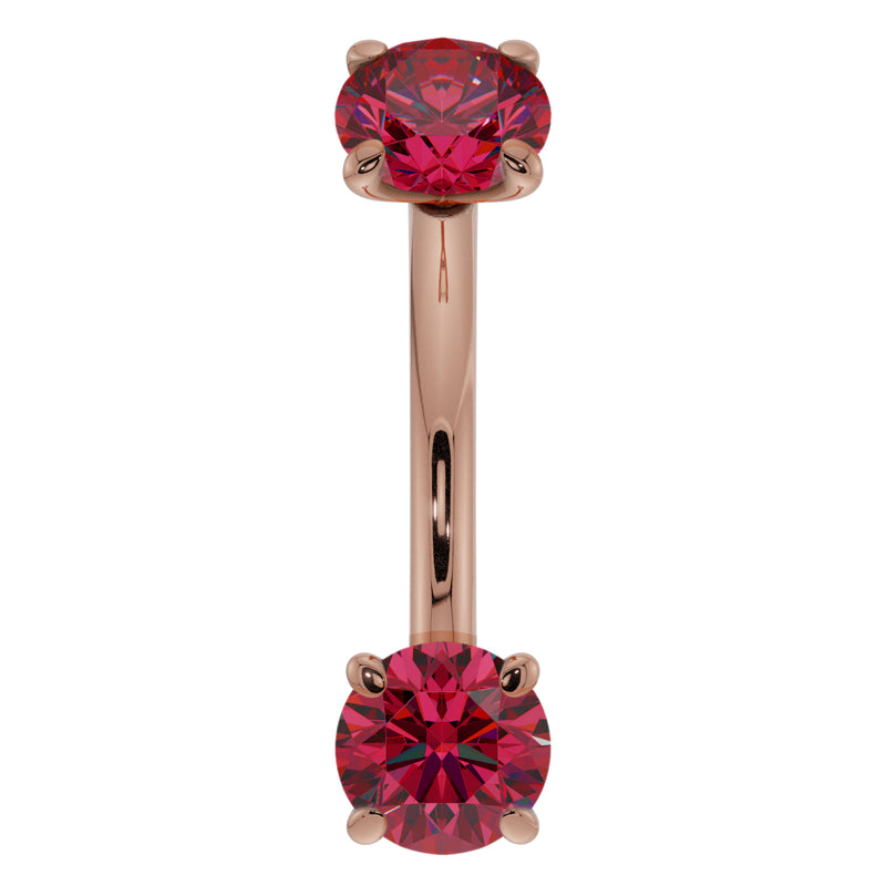 14k rose gold curved barbell with larger 4mm prong-set rubies, warm-toned setting front view
