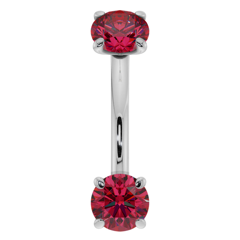 14k white gold curved barbell with larger 4mm prong-set rubies, bright red stones front view