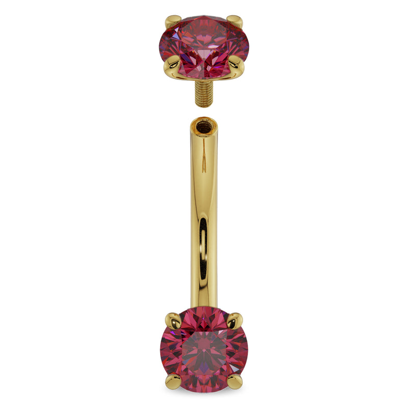 14k yellow gold ruby curved barbell with top end unscrewed, showing threaded post and larger ruby ends