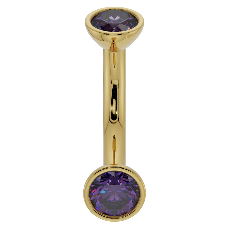 14k yellow gold 14G amethyst curved barbell showing larger 4mm bezel-set gemstones, front view