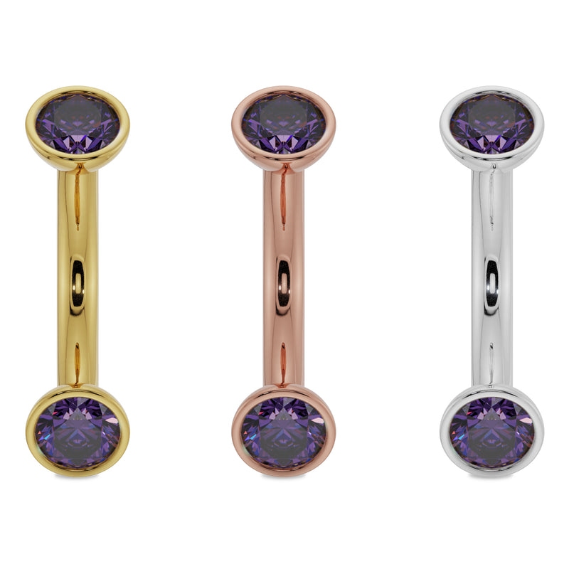 14G amethyst bezel curved barbell in yellow gold, rose gold, and white gold shown together for color comparison
