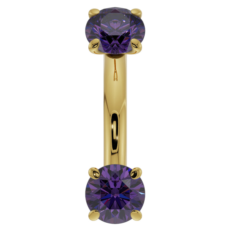 14k yellow gold 14G amethyst belly ring with larger dual prong-set purple gemstones, front view
