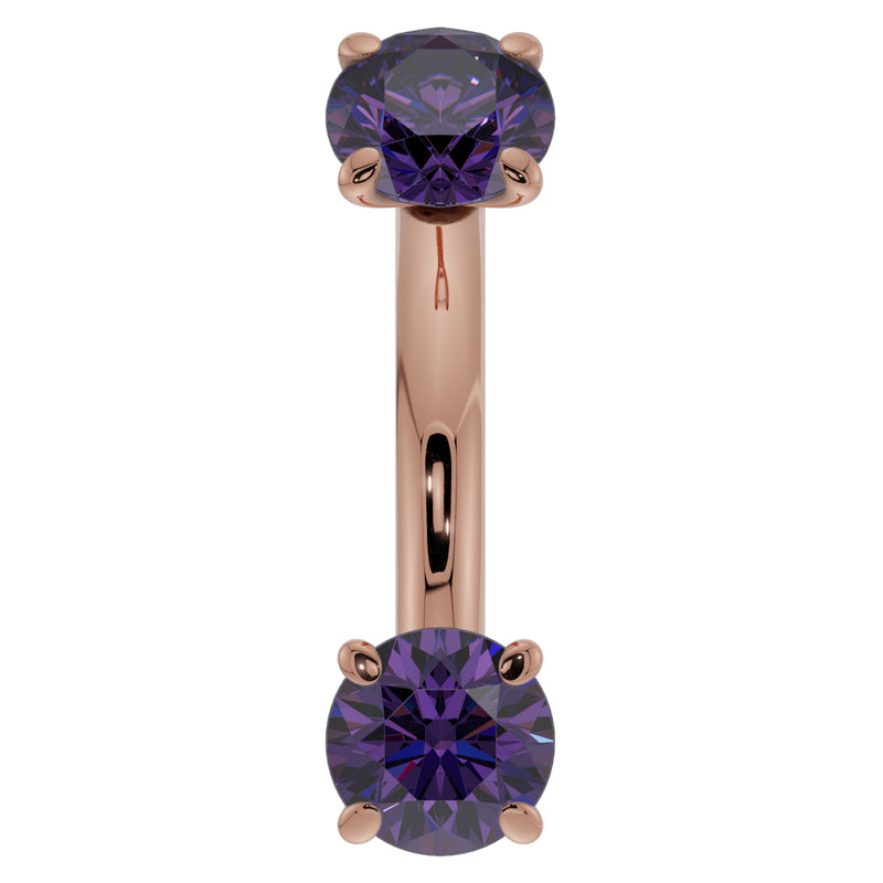 14k rose gold 14G amethyst belly ring with larger dual prong-set purple gemstones, front view