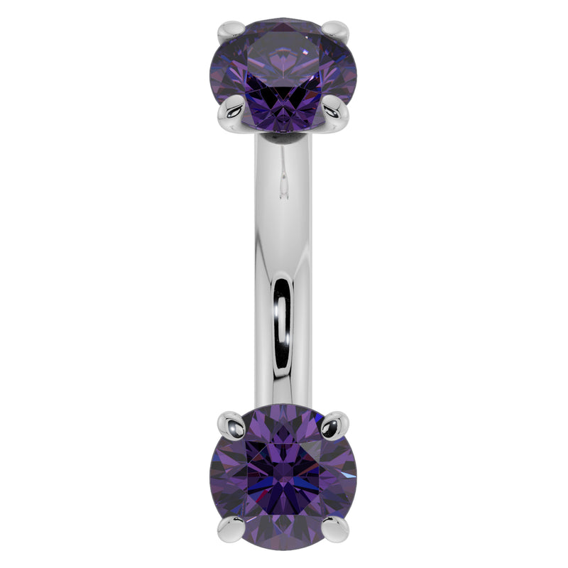 14k white gold 14G amethyst belly ring with larger dual prong-set purple gemstones, front view