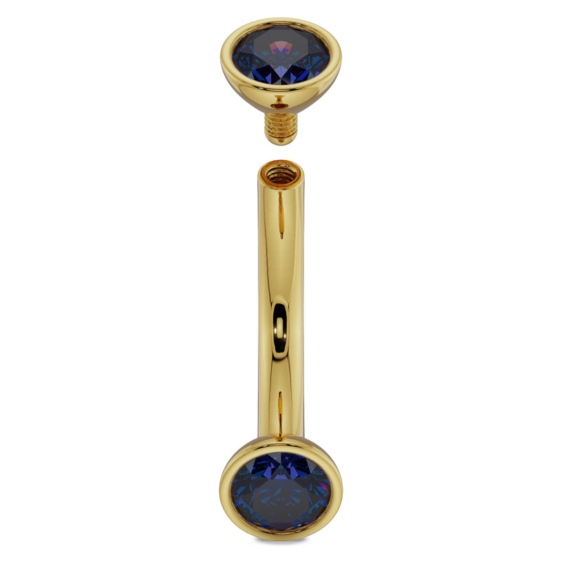 14k yellow gold 4mm blue sapphire curved barbell disassembled showing internal threading detail