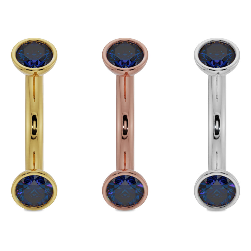 4mm blue sapphire bezel curved barbell side-by-side in 14k yellow, rose, and white gold options