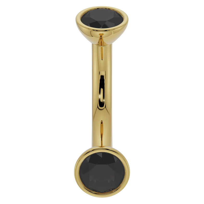 14k yellow gold black diamond curved barbell with domed bezel top, angled profile view