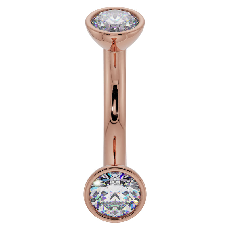 14K rose gold 14G CZ bezel curved barbell with larger 4mm CZ ends, belly ring gauge
