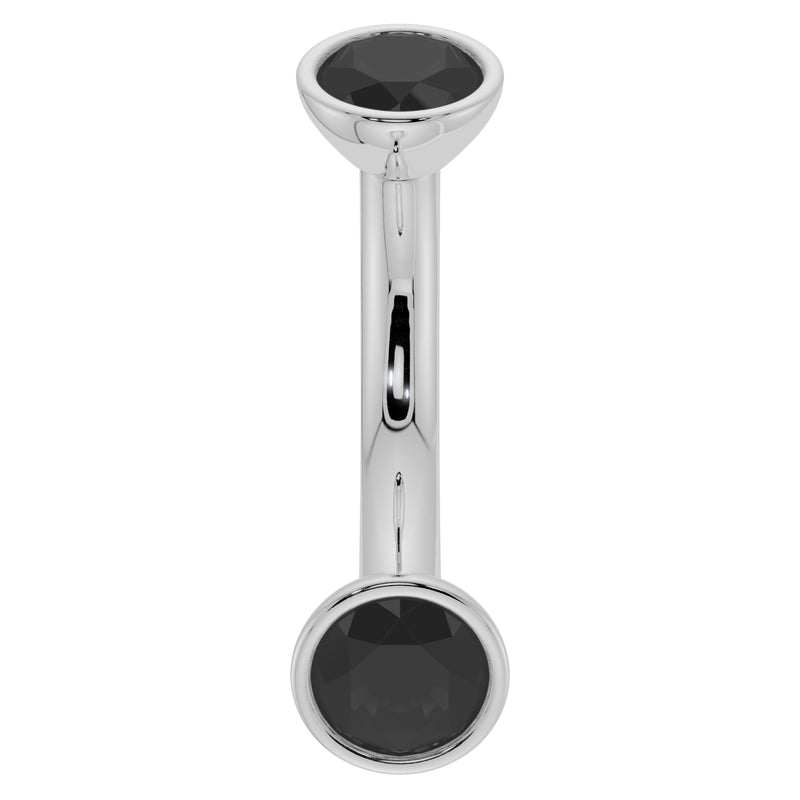 14k white gold black diamond curved barbell with domed bezel top, angled profile view
