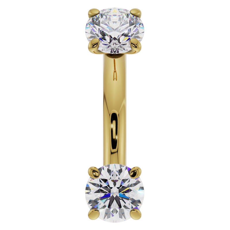 14k yellow gold 14G belly ring curved barbell with larger 4mm prong-set diamonds, front view