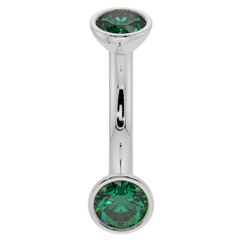 14k white gold 14G emerald bezel belly ring, angled front view with polished bar and domed top end
