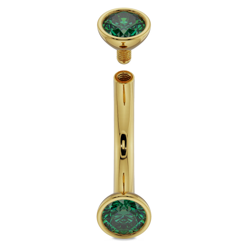 14k yellow gold 14G emerald curved barbell separated to show internally threaded post and end cap