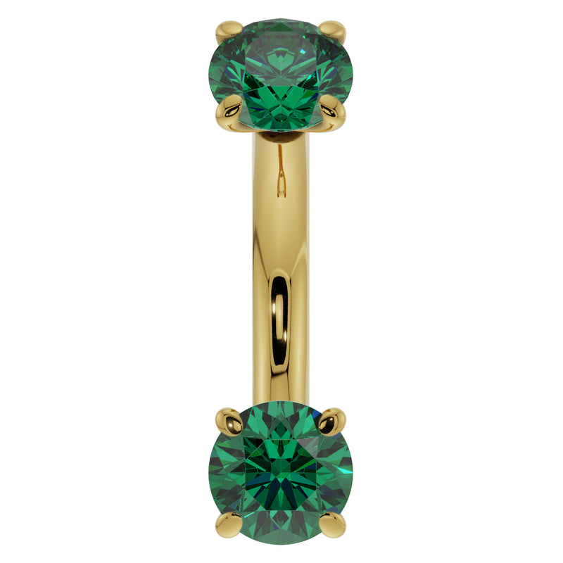 14k yellow gold 14G emerald belly ring with larger 4mm prong-set emeralds, front view