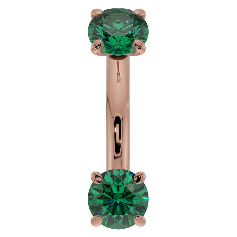 14k rose gold 14G emerald belly ring with larger 4mm prong-set emeralds, front view