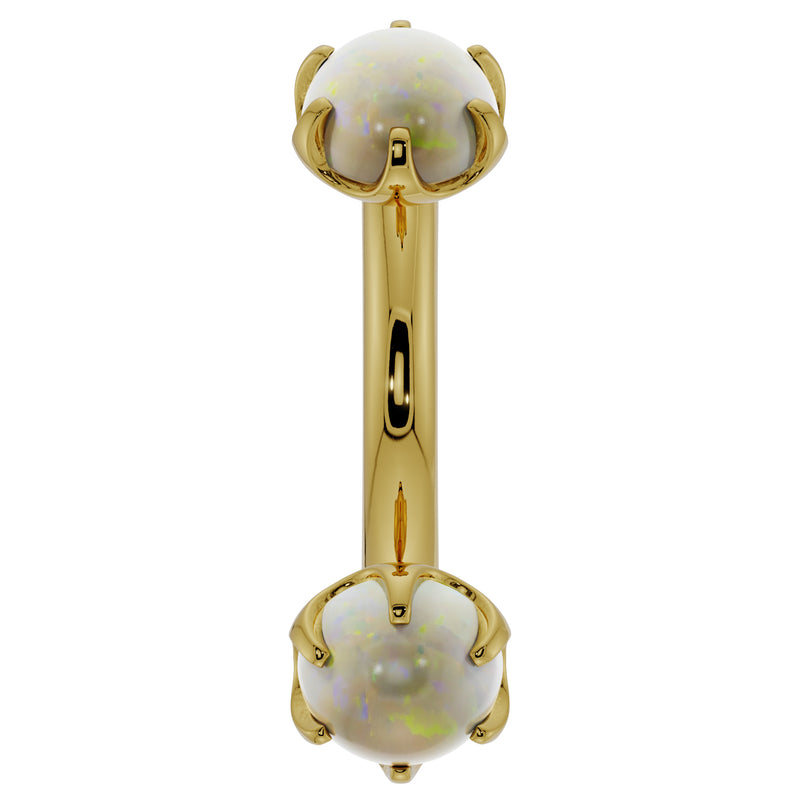 14k yellow gold curved barbell with larger 4mm prong-set opal cabochons, front view 14G