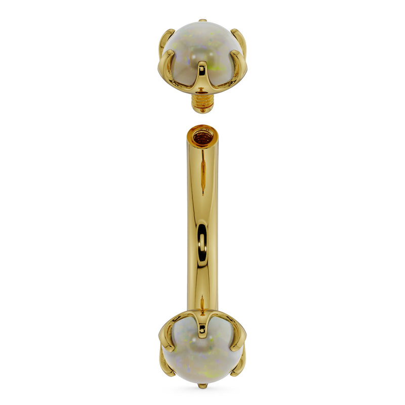 14k yellow gold 4mm opal curved barbell with top removed showing internal threading, belly ring size