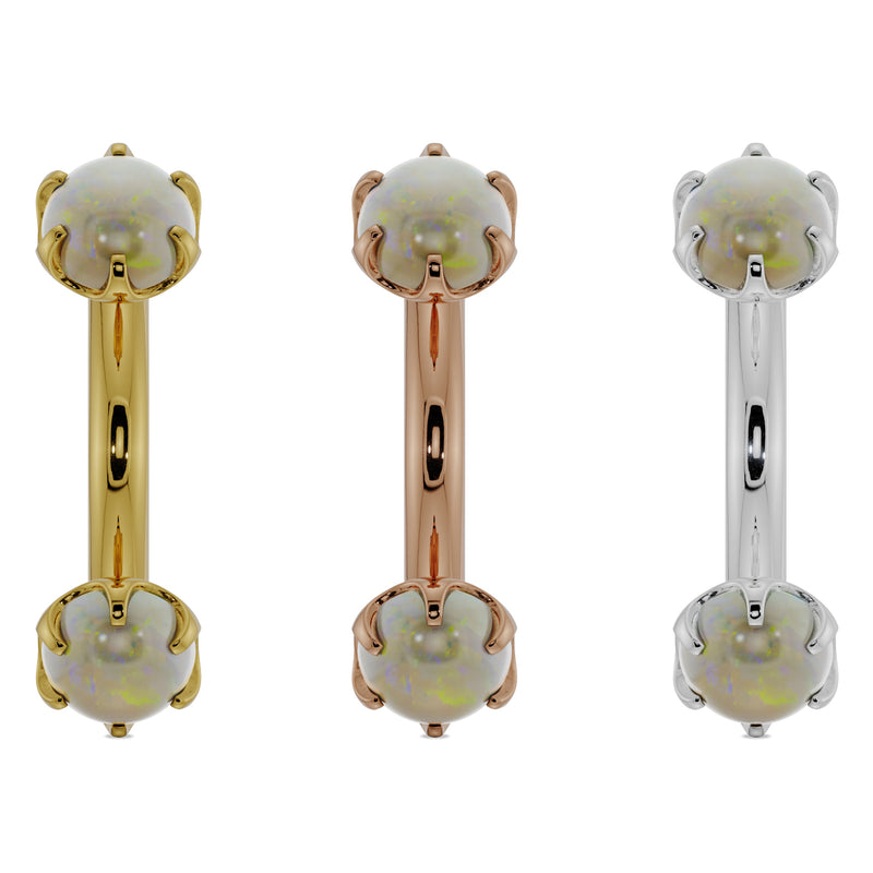 Side-by-side comparison of 4mm opal curved barbell in 14k yellow, rose, and white gold options