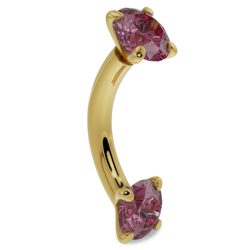 14k yellow gold pink sapphire curved barbell, side profile highlighting the curved banana shape