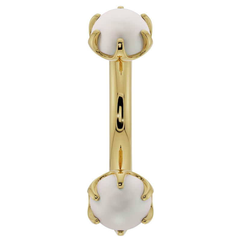 14k yellow gold 14G curved barbell with larger 4mm prong-set pearls, belly ring front view