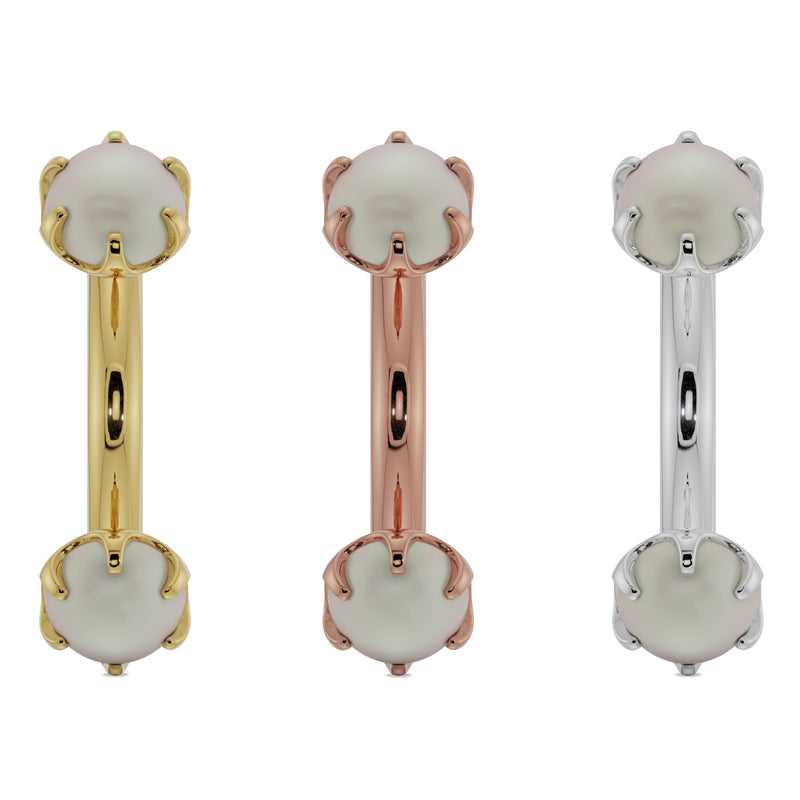 Pearl curved barbell in 14k yellow, rose, and white gold showing larger 4mm pearl size comparison