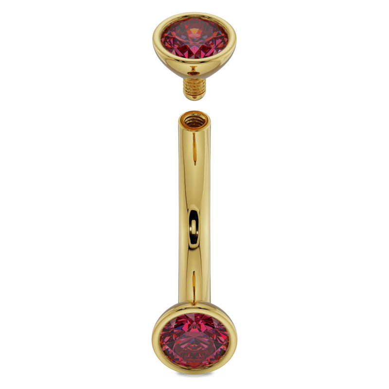 14k yellow gold ruby curved barbell with 4mm rubies disassembled to show internal threading detail