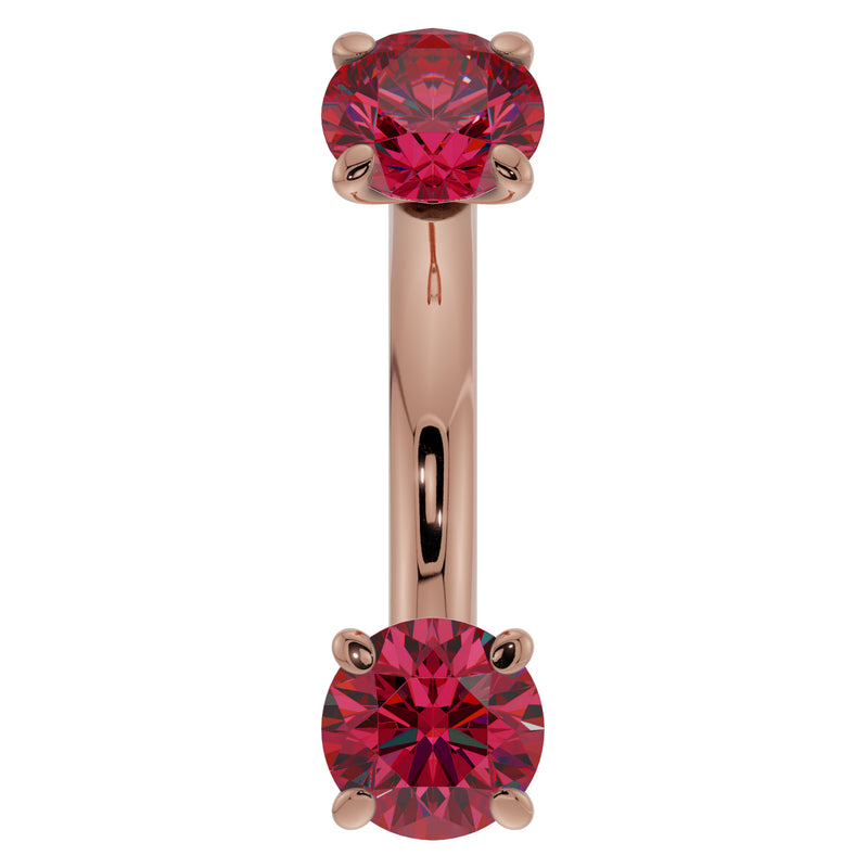 14k rose gold 14G ruby belly ring with dual prong-set rubies on curved barbell, front view