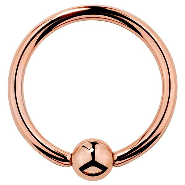 14K rose gold fixed bead ring, front view showing blush-toned hoop and polished captive bead