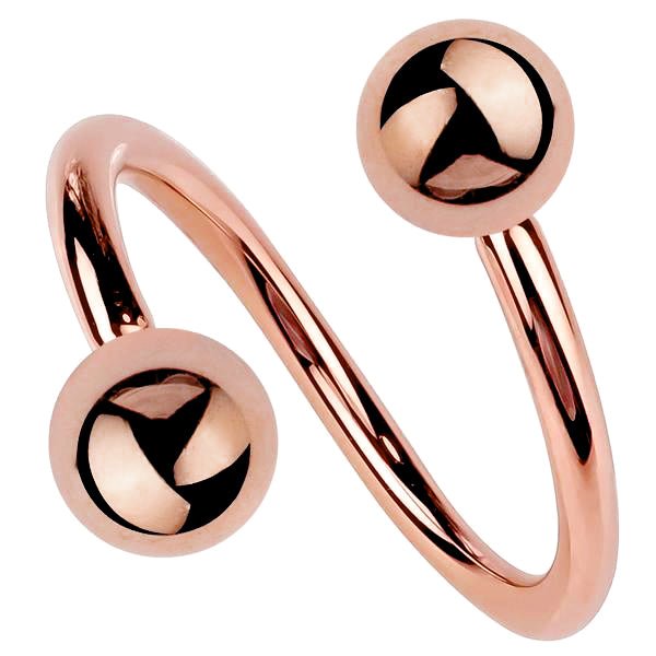14k rose gold twister spiral barbell with warm-toned polished ball ends, front view