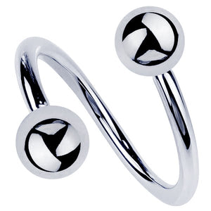 14k white gold twister spiral barbell with high-polish dual ball ends, front view