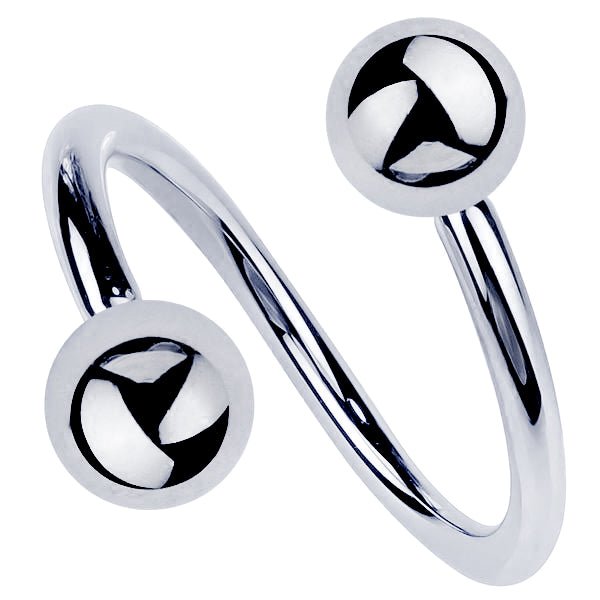 14k white gold twister spiral barbell with high-polish dual ball ends, front view