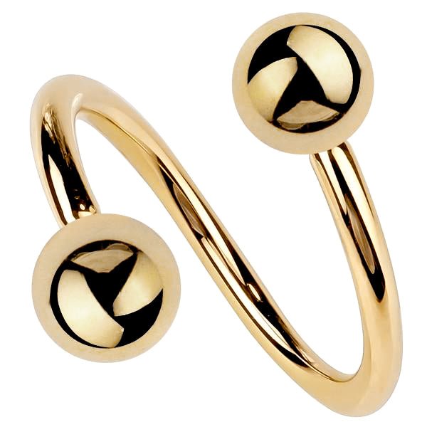 14k yellow gold twister spiral barbell with dual polished balls, front view