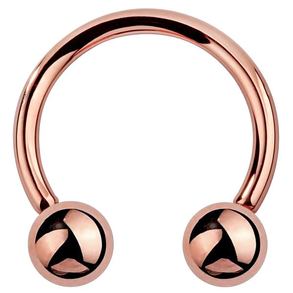 14k rose gold circular barbell horseshoe ring with warm pink-gold ball ends, front view