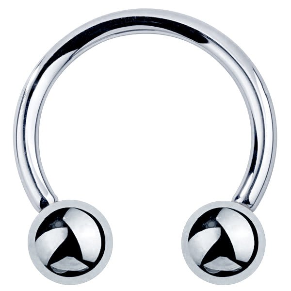 14k white gold circular barbell horseshoe ring with polished silver-tone ball ends, front view