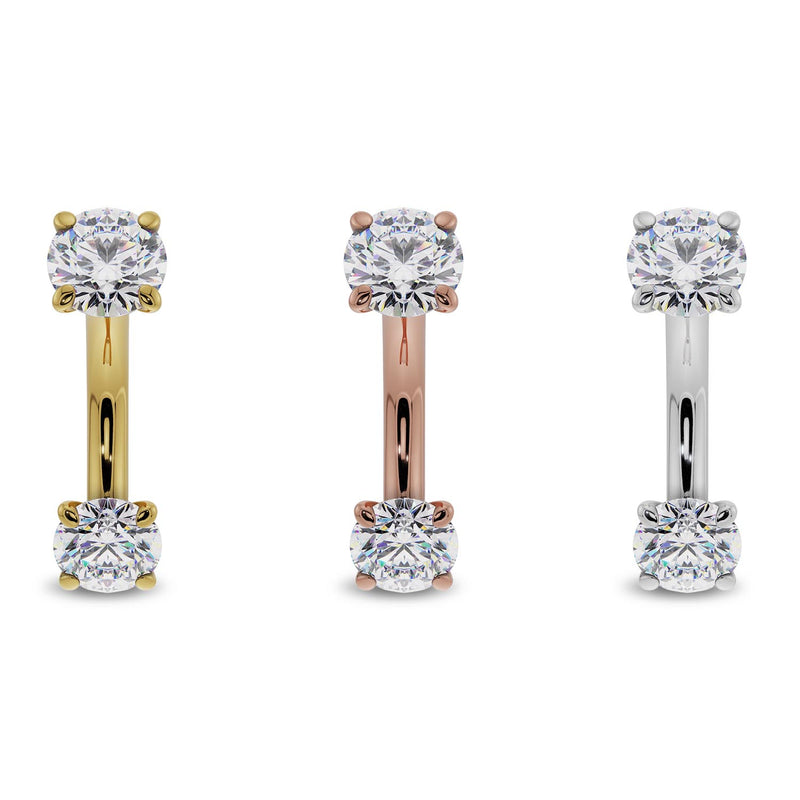 Side-by-side comparison of 4mm CZ curved barbell in 14k yellow, rose, and white gold options