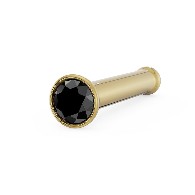 14k yellow gold black diamond bezel nose bone stud, angled view showing straight post