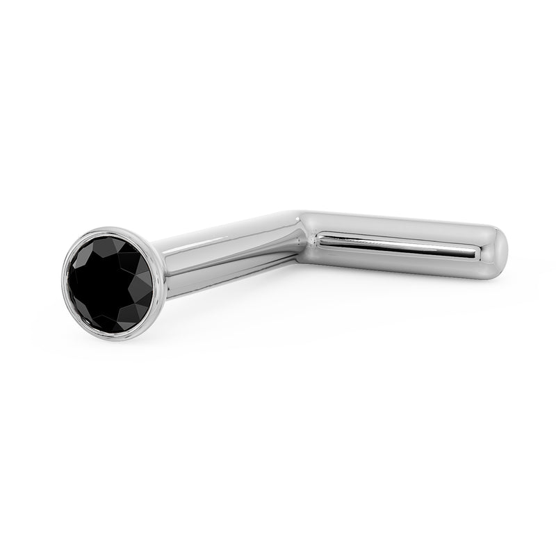 14k white gold black diamond bezel nose stud, L-post style shown at angled side view