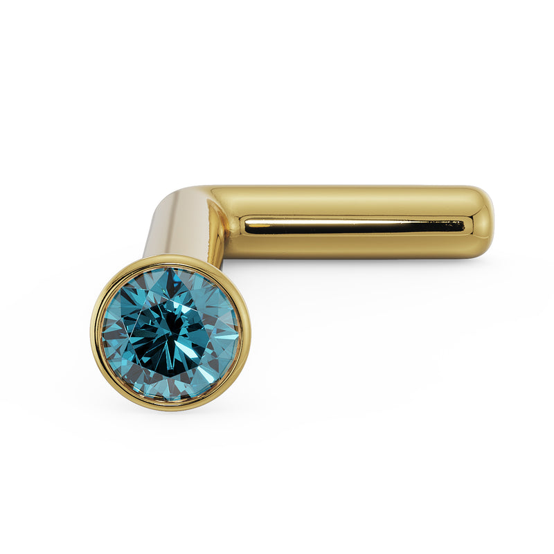 14k yellow gold blue diamond bezel nose stud L-post style, angled view with warm gold finish