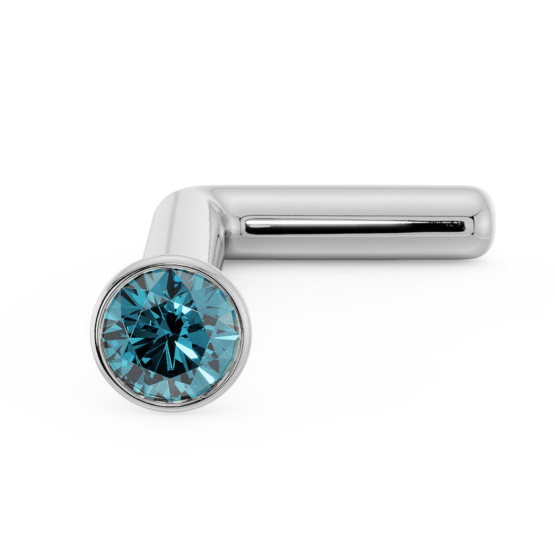 14k white gold blue diamond bezel nose stud L-post, close angled view of setting and post bend