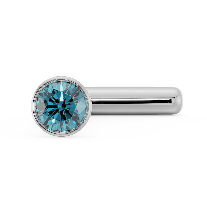 14k white gold 1.5mm blue diamond bezel nose stud straight post, front-angled view of stone