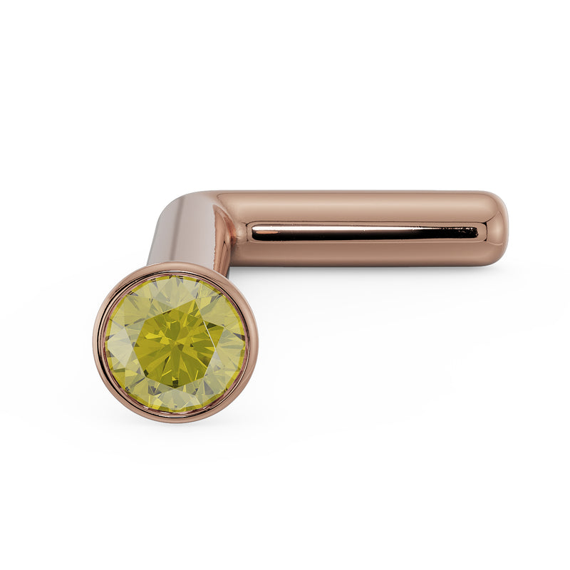 14k rose gold yellow diamond bezel nose stud L-post style, angled view showing blush metal tone