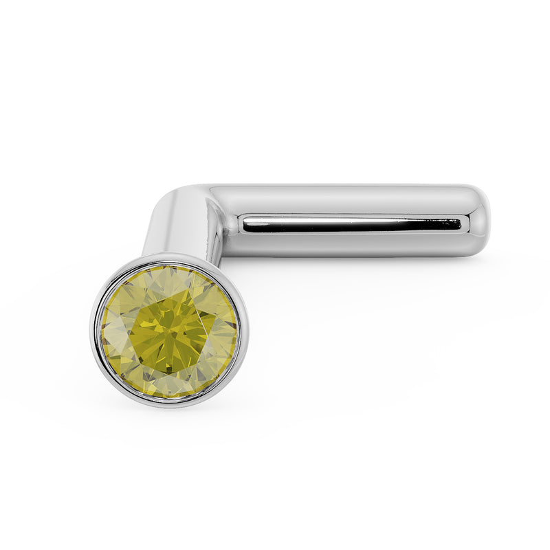 14k white gold yellow diamond nose stud L-post style, angled view showing bezel and post detail