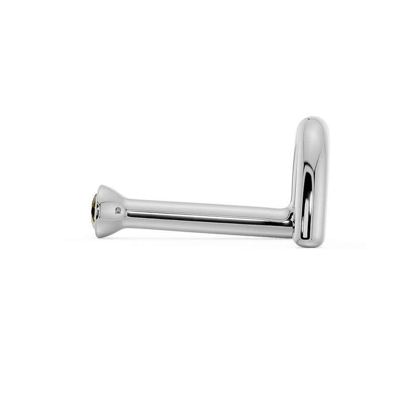 Side profile of white gold yellow diamond bezel nose stud showing straight post and ball end