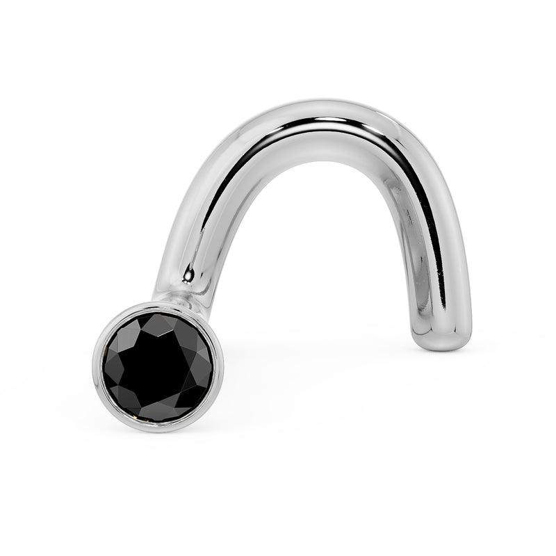 14k white gold black diamond bezel nose screw, three-quarter view showing curl