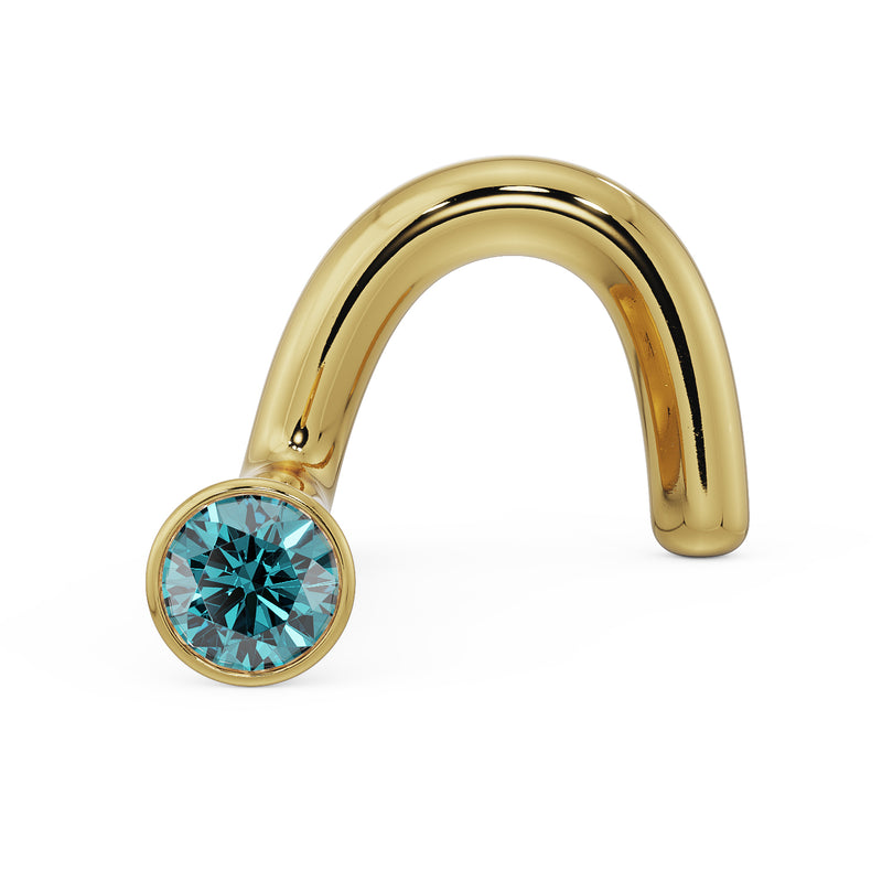 14k yellow gold blue diamond bezel nose ring twist style, angled front view