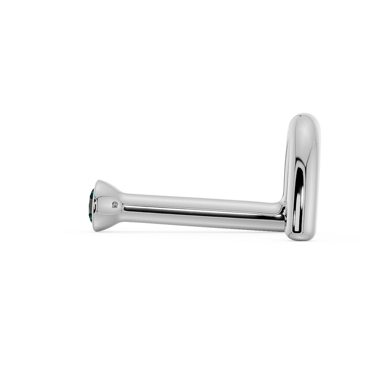 Side profile of white gold blue diamond nose stud straight post style showing full post length